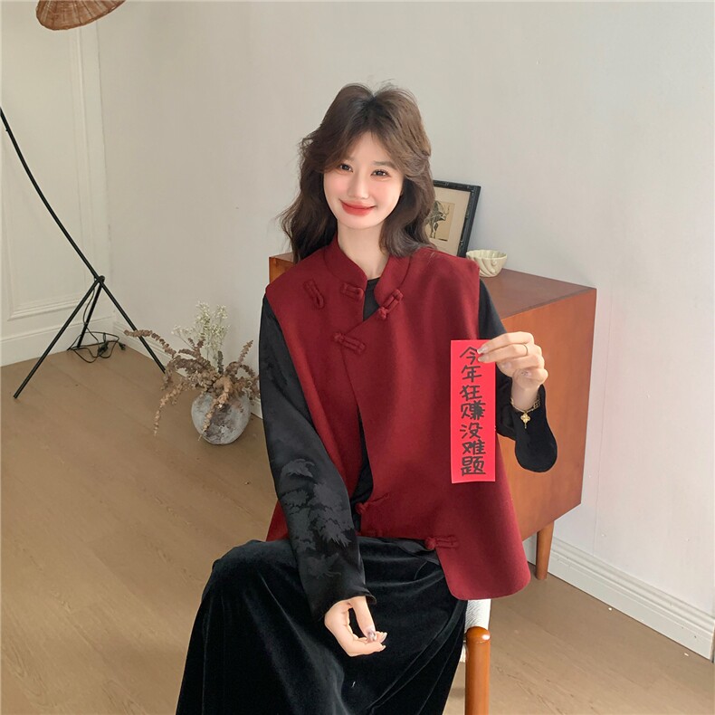 新品档口有货红色风盘扣马甲打底衬衫两件套601-P205-K298,女装套装/套裙,2C126