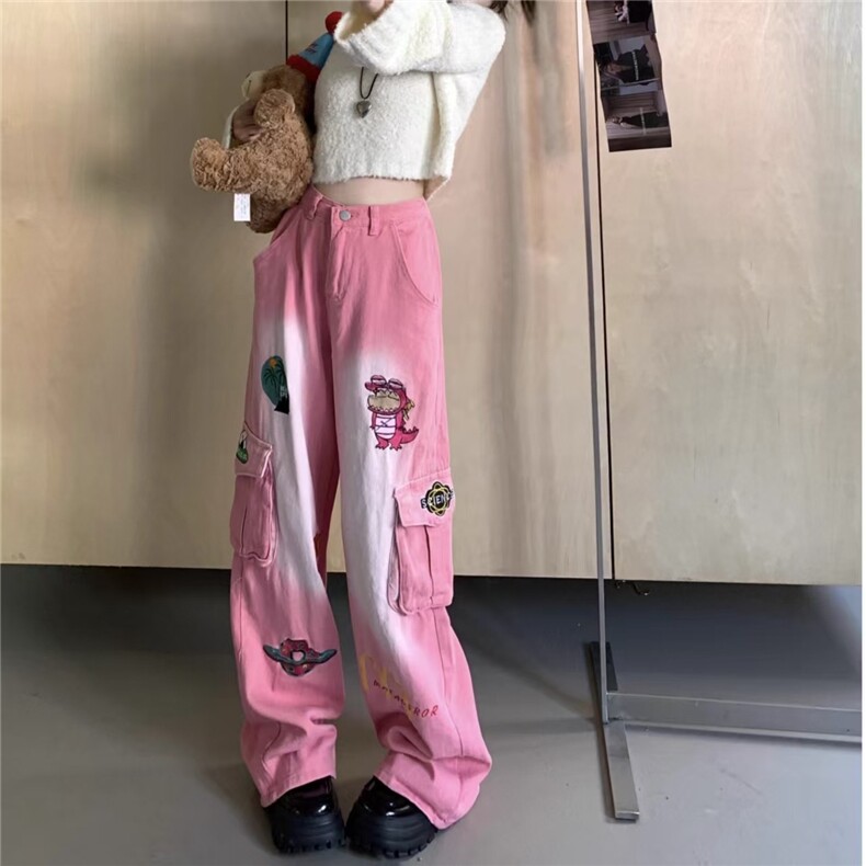 趣味卡通刺绣工装牛仔裤女春秋甜妹穿搭宽松显瘦拖地阔腿直筒长裤,男装牛仔裤,星座1210-1
