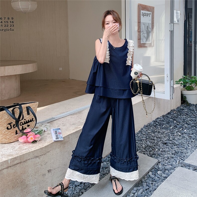 蕾丝木耳边无袖软牛仔上衣阔腿裤两件套女夏超火独特绝美韩系套装,女装套装/套裙,浙宝208