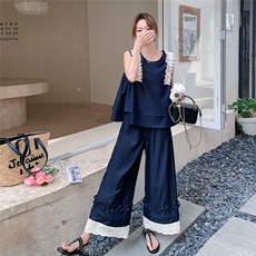 蕾丝木耳边无袖软牛仔上衣阔腿裤两件套女夏超火独特绝美韩系套装，女装套装/套裙，浙宝208