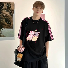 抖音得物品质二开240克宽松纯棉美式潮牌印花三条杠中性风短袖T恤，男装T恤，电商A486