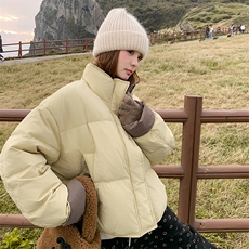 黄色撞色短款羽绒服女2025冬季新款奶呼呼学院风加厚白鸭绒外套潮，女装羽绒服，2C198