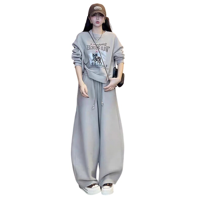 休闲时尚套装女秋冬新款洋气减龄圆领印花长袖卫衣阔腿长裤两件套,女装套装/套裙,2C310
