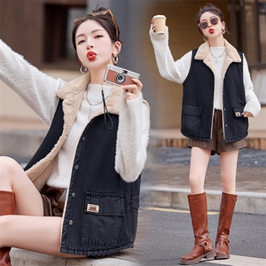 （新款现货）2025冬装时尚宽松大版加绒牛仔马甲上衣,女装马甲,印象茜