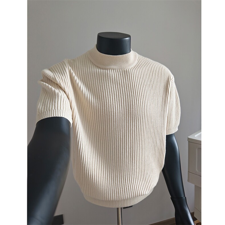 盗图假模老钱风半高领坑条纹针织打底衫内搭短袖96028/P47，男装针织衫/毛衣，电商A243