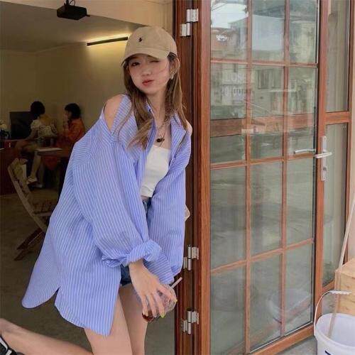 【现货】秋季新款条纹漏肩衬衣，其它，1+9