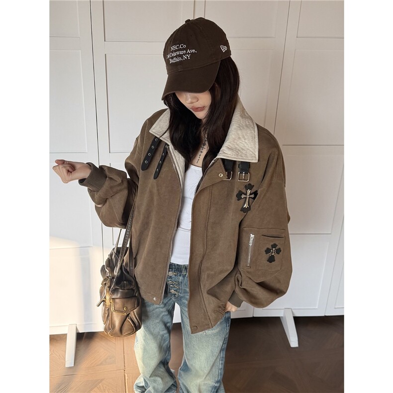 美式十字架贴皮刺绣翻领外套2026新款男女潮牌宽松撞色拼接夹克,男装夹克,星座506A