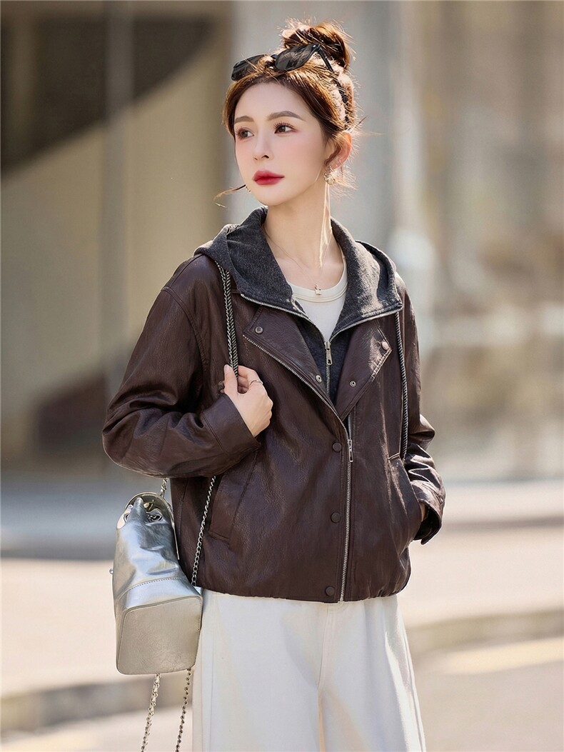 【春季女装新款】2026春季大量现货时尚休闲连帽假两件皮衣外套,女装皮衣,缘衣格