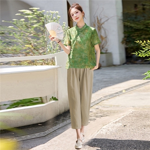 长期有货2026夏装新款时尚两件套装女提花新中式衬衫T小脚腿裤女图片