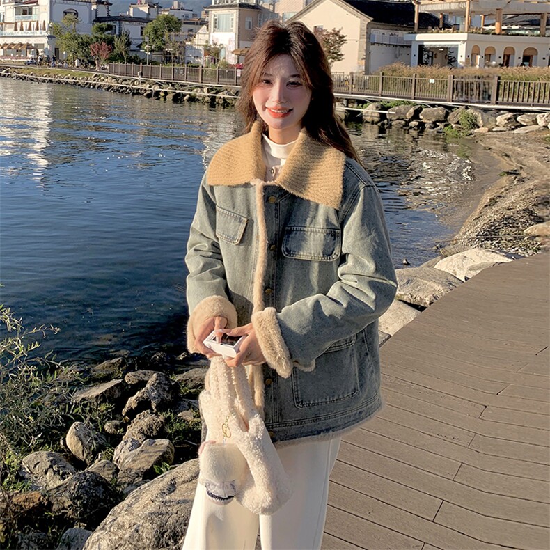 (现货新款）2025冬装时尚休闲翻领加绒牛仔外套女（领子可脱卸）,女装牛仔外套,印象茜