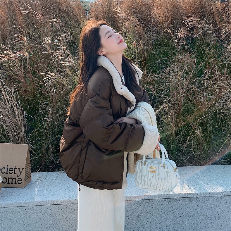 羊羔毛领美拉德短款羽绒服女冬季2025新款小个子高级流行设计小众,女装羽绒服,艾米莉亚