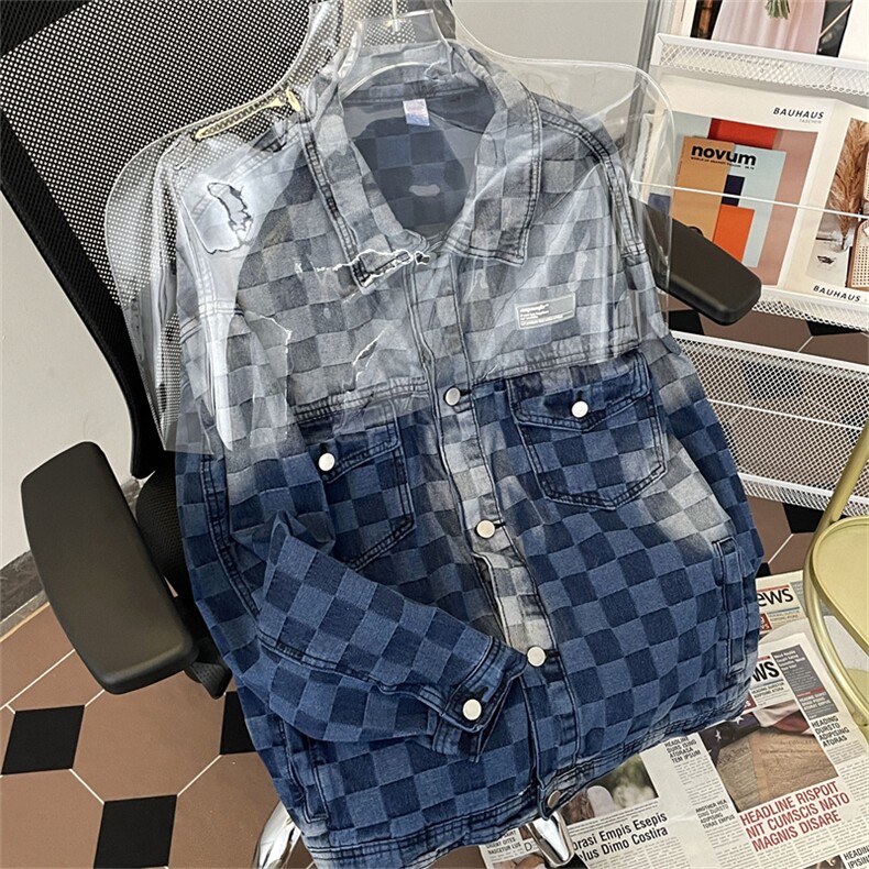 港风春款男牛仔夹克棋盘格字母贴边渐变色休闲外套JK49P70,男装夹克,星座1013-1