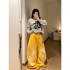 做旧黄色美式hiphop卫裤女宽松阔腿休闲运动裤设计感LB31188-P53，男装休闲裤，星座1008