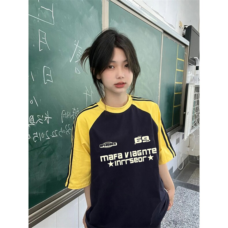 夏季美式高街重磅纯棉三条杠织带插肩撞色男女短袖T恤CZ81-特P25,男装T恤,电商A486
