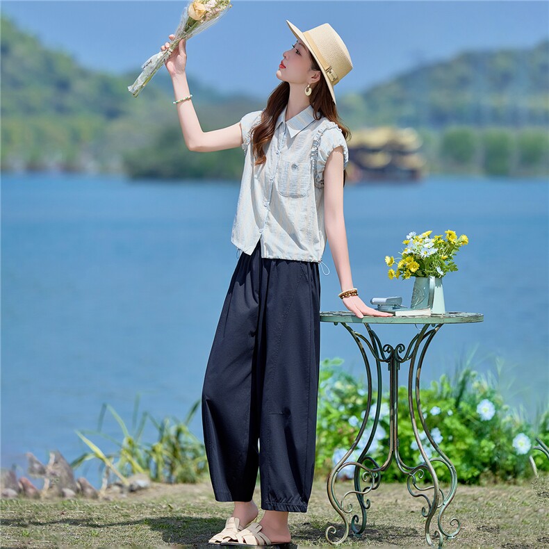 2026年夏季新款木耳边甜美衬衫阔腿裤两件套套装女,女装套装/套裙,依路服饰