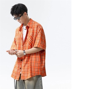 复古美式橙色设计格纹长袖衬衫男女宽松情侣格子衬衣百搭休闲外套图片