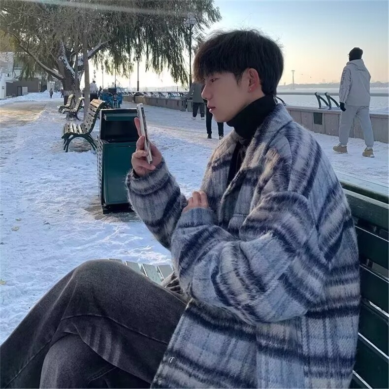 429-P65加厚磨毛格子学生秋冬季新款长袖复古宽松大码休闲毛呢,男装卫衣,电商B323A