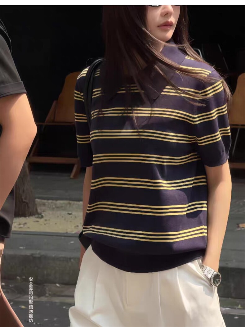 莱赛尔高级感条纹POLO领针织衫女夏季新款气质慵懒风短袖T恤上衣,女装T恤,唐诺