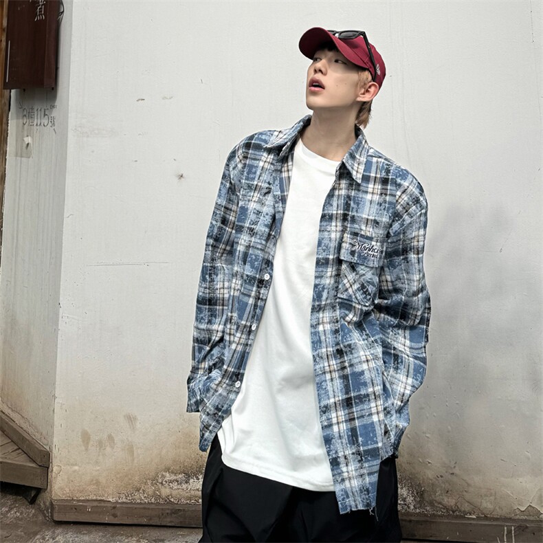 男格子方领青春流行日系文艺男宽松型衬衫新款长袖CS8-P43,男装衬衫,星座308B-2