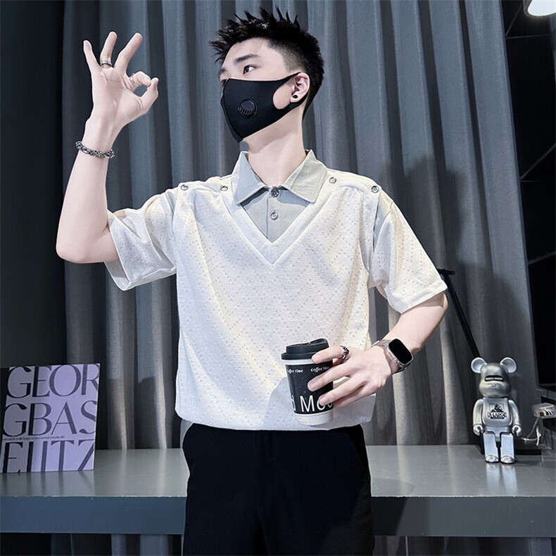 重磅特殊面料拼接短袖polo衫男高级社会小伙301C-PL25-特P58控88,男装Polo衫,星座301C（原B323）