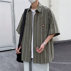 男装日系复古条纹短袖衬衫男夏季宽松半袖休闲情侣衬衣CS003-P29，男装衬衫，星座308B-1