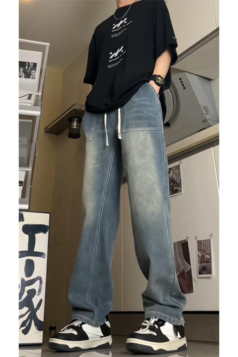 得物品质可二开宽松直筒松紧腰牛仔裤A439特P40,男装牛仔裤,电商A309