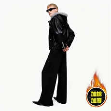 现货冬季美式潮牌痞帅PU皮机车服棉衣毛毛绒狼王座山雕皮棉服，男装棉衣，电商A486