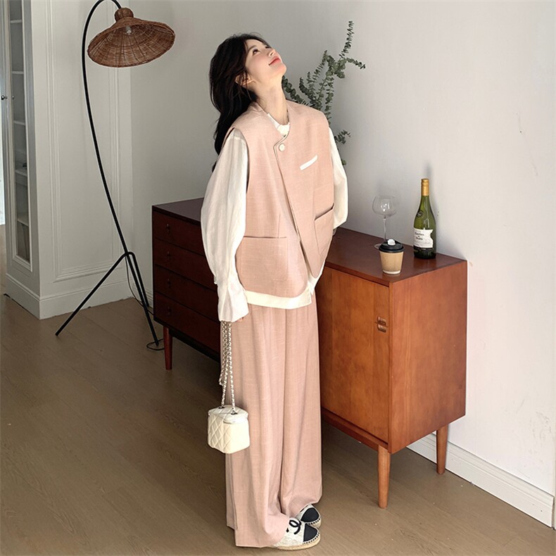 粉色超好看时尚套装女秋季2025新款时尚洋气衬衫马甲阔腿裤三件套,女装套装/套裙,2C176