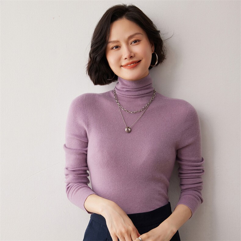 秋冬新款洋气时尚百搭显瘦女款精纺一线成衣高领35%羊绒衫,女装羊绒衫,艾巧羊绒