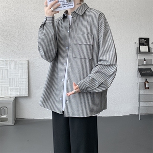 衬衫男春季新款港风宽松大码立体口袋纯棉条纹长袖衬衣CS3099-P42图片
