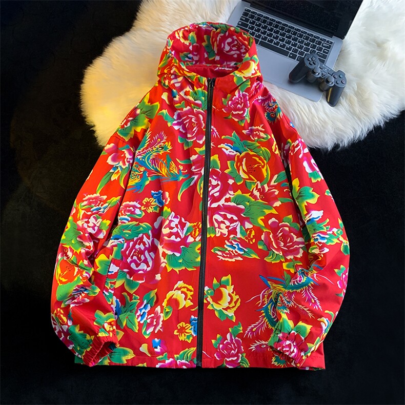 JK203大花连帽开衫卫衣夹克外套男女班服团队服风民族特色潮，男装民族服装，星座115A-1