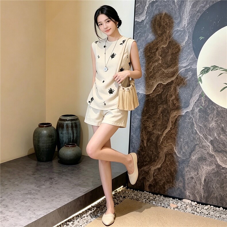 欧货运动休闲套装女夏季新款修身显瘦圆领无袖上衣阔腿短裤两件套,女装套装/套裙,江南