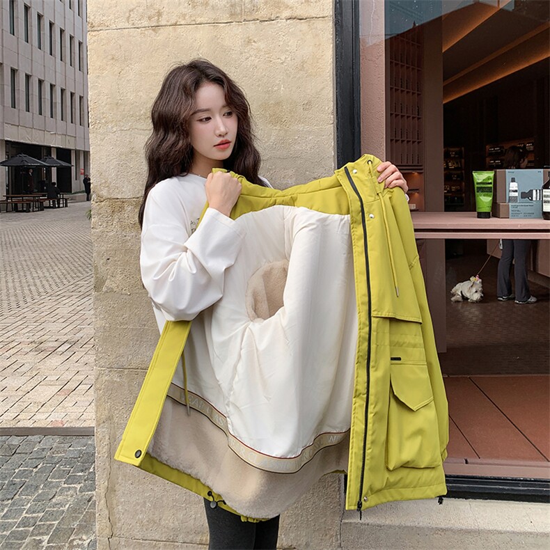 黄色连帽冲锋衣派克棉服女冬巨好看加绒加厚工装羽绒棉衣棉袄外套,女装短外套,2C129