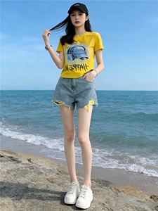 潮流休闲时尚运动套装女夏季新款圆领烫钻印花短袖牛仔短裤两件套图片
