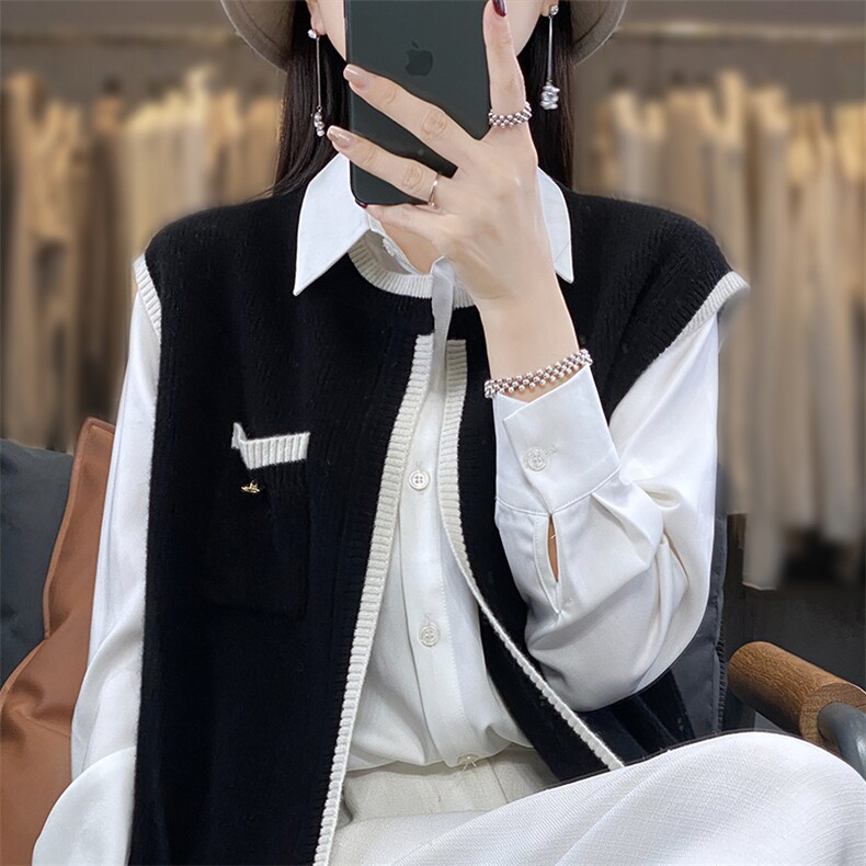 百搭小香风V领毛衣开衫马甲女春秋新款宽松显瘦无袖针织背心外套,女装马甲,宋氏羊绒