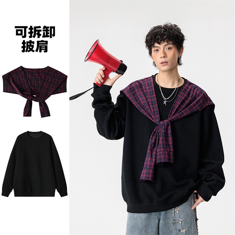 GENIOLAMODE美式设计打结格子卫衣男秋季可拆卸披肩重磅拼接上衣，男装卫衣，电商A001