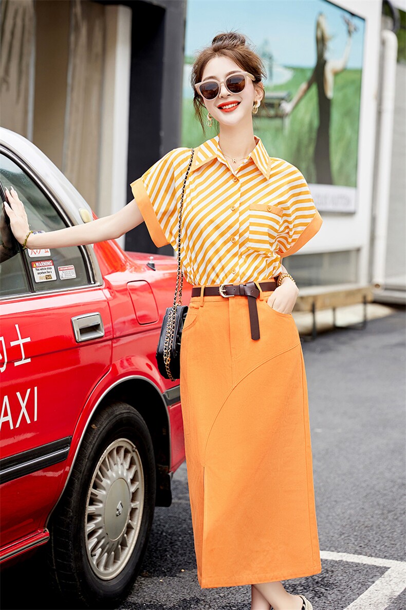高级感职业套装女2025夏季新款活泼减龄气质条纹衬衫半身裙两件套,女装套装/套裙,伊仟回