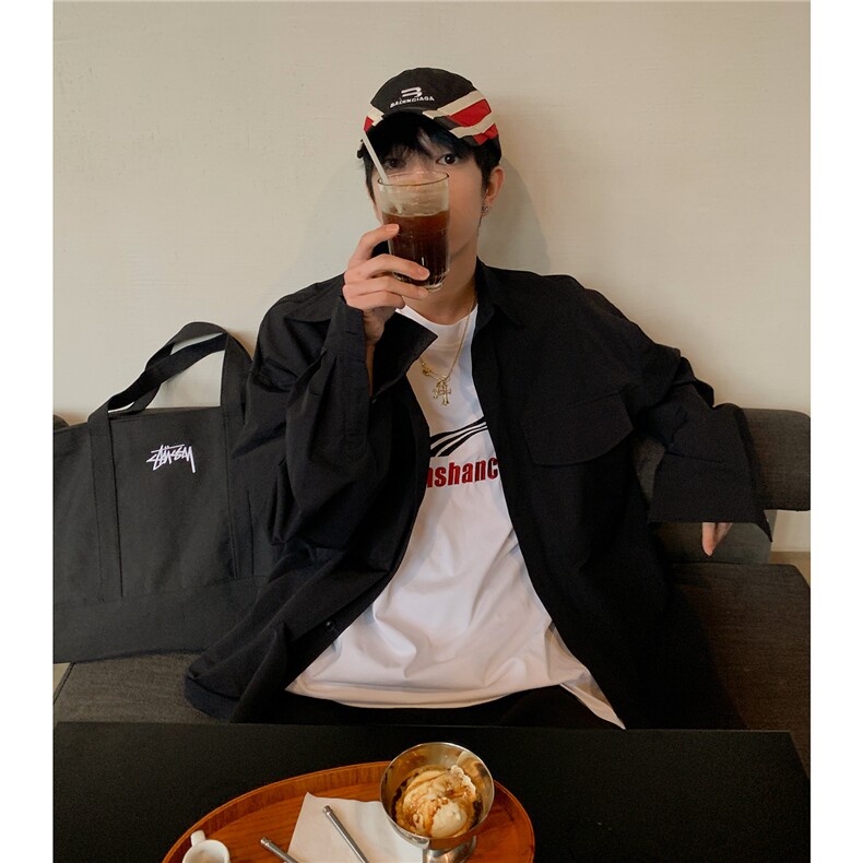 A450-CS1199-P70控价108纯黑色小工装长袖衬衫上衣，男装衬衫，电商A450