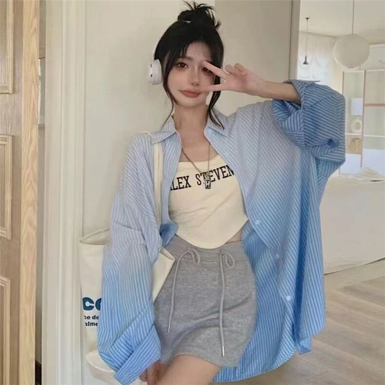 新款大码女装宽松渐变色条纹设计感休闲POLO领衬衫,男装Polo衫,星座1210-1