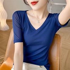 短袖T恤女圆V领绿色纯色修身百搭半袖气质上衣，女装T恤，温伦斯特羊绒