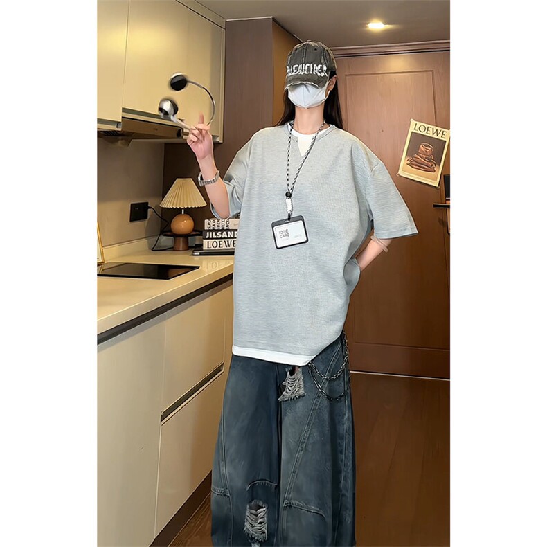 A2011TP30控55-夏季新款2025美式复古双层V领假两件拼接短袖T恤男,男装T恤,电商B241
