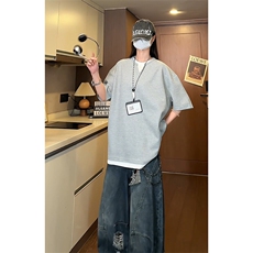 A2011TP30控55-夏季新款2025美式复古双层V领假两件拼接短袖T恤男，男装T恤，电商B241