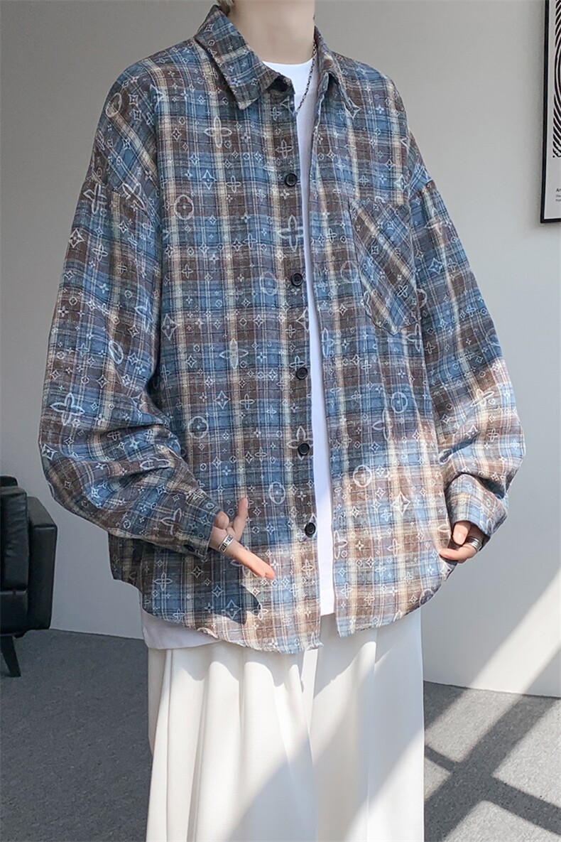 衬衫男秋季新款港风宽松大码磨毛格子扎染长袖衬衣CS506-P35,男装衬衫,星座214-3
