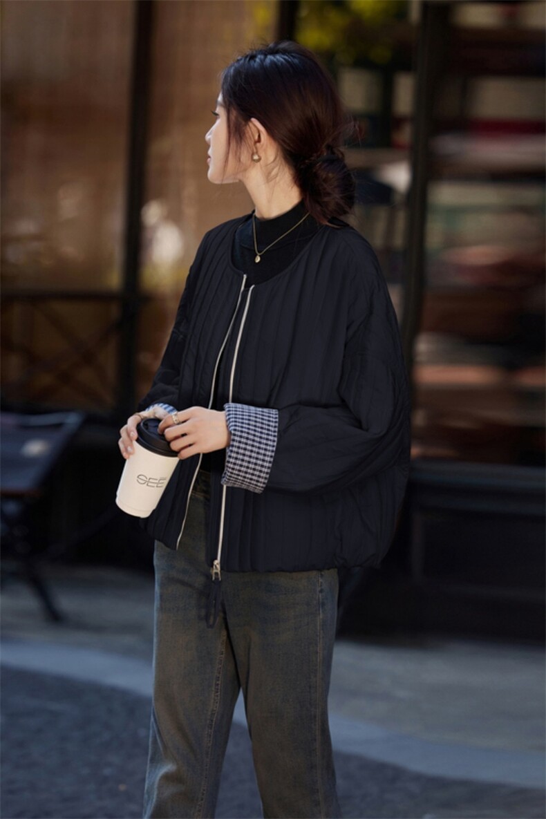 米白色格纹拼接设计感棉服外套女2025冬季新款潮流时髦范保暖棉衣,女装棉衣/棉服,安之芮娜
