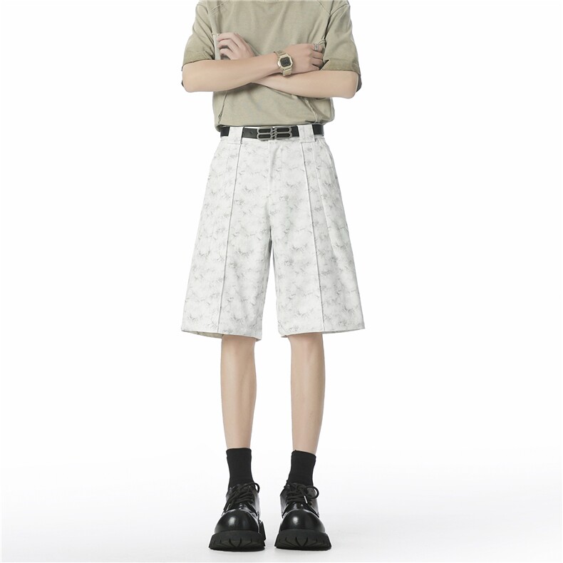 潮牌高街工装裤子男夏季青少年休闲短裤扎染纹理感阔腿五分裤,男装牛仔裤,四季星座505