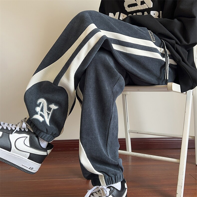 特批P38无差价秋新贴标灯芯绒条纹撞色束脚裤男宽松大码卫裤K1299，男装休闲裤，电商A001