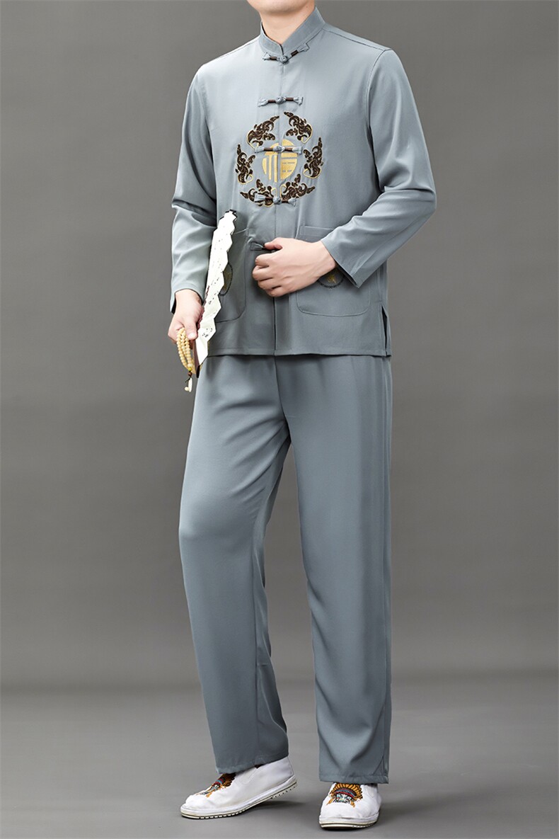 中老年唐装爸爸春装长袖风棉麻套装爷爷老人复古绣花太极服,男装休闲套装,钱塘6003B