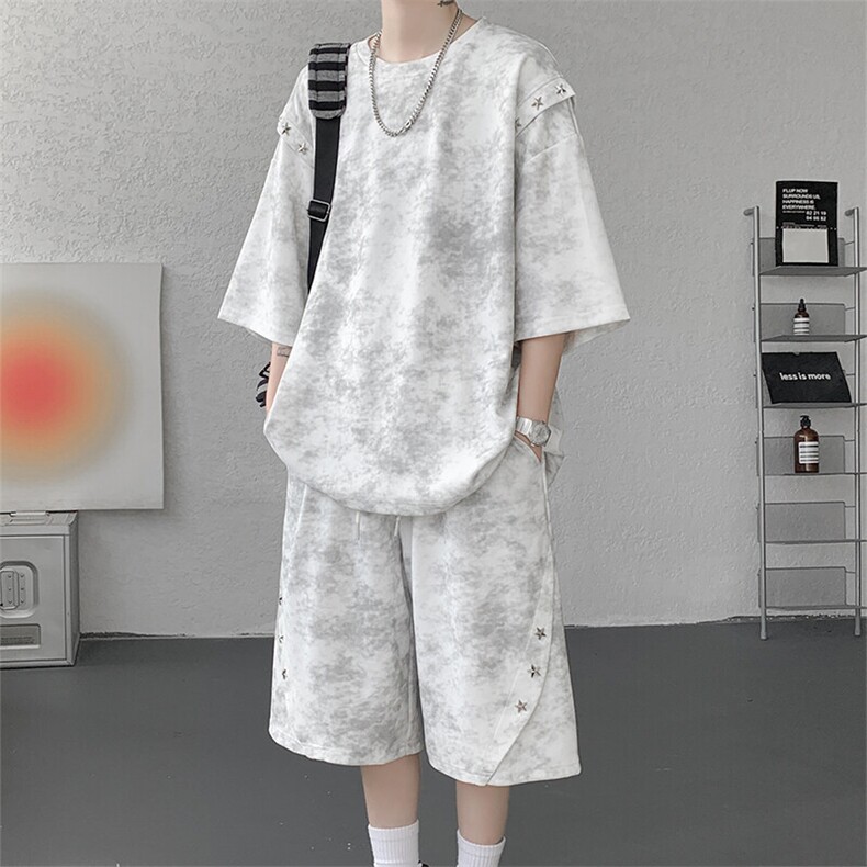 夏季短袖短裤套装男生美式高街痞帅扎染青少年宽松圆领大码运动服,男装T恤,电商A059
