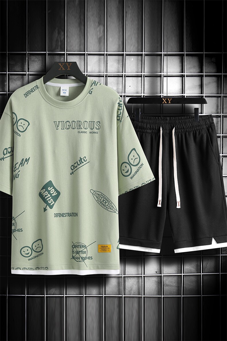 夏季运动套装网格挂拍休闲百搭时尚短套装CK2410+TC3156-P54控89,男装休闲套装,星座717