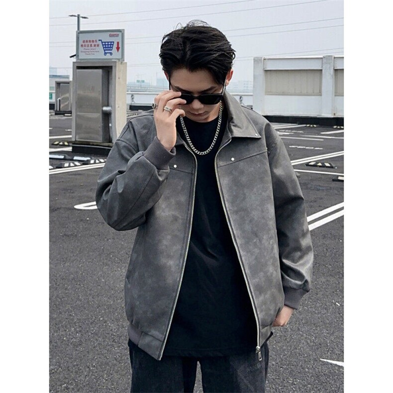 光版二开领夹克机车潮外套春季情侣款皮衣男士翻A266-PY010-P78，男装夹克，电商A266